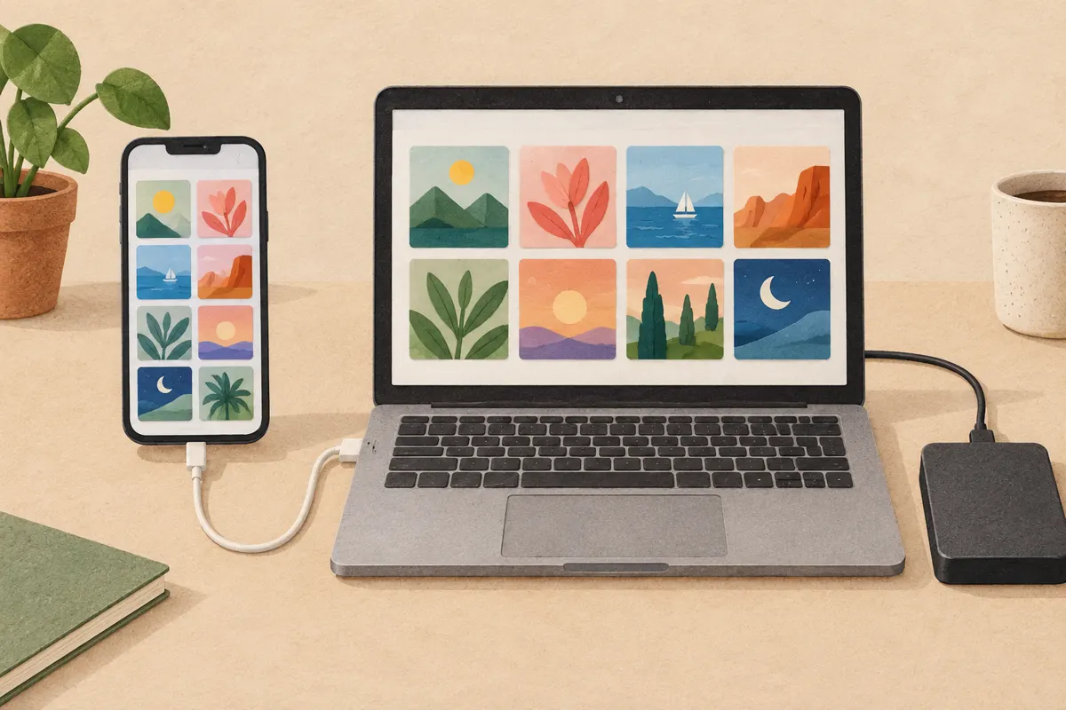 Ilustracja telefonu połączonego kablem USB z laptopem i dysku do przechowywania kopii zdjęć.